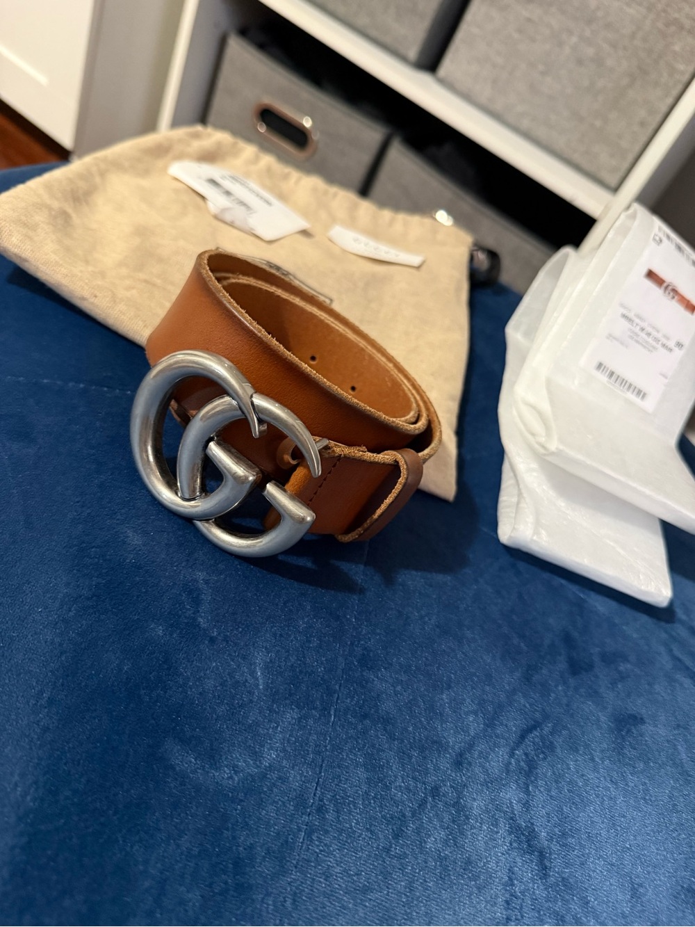 Gucci Marmont Tan Leather Belt with Silver Double G Buckle Size 90/36